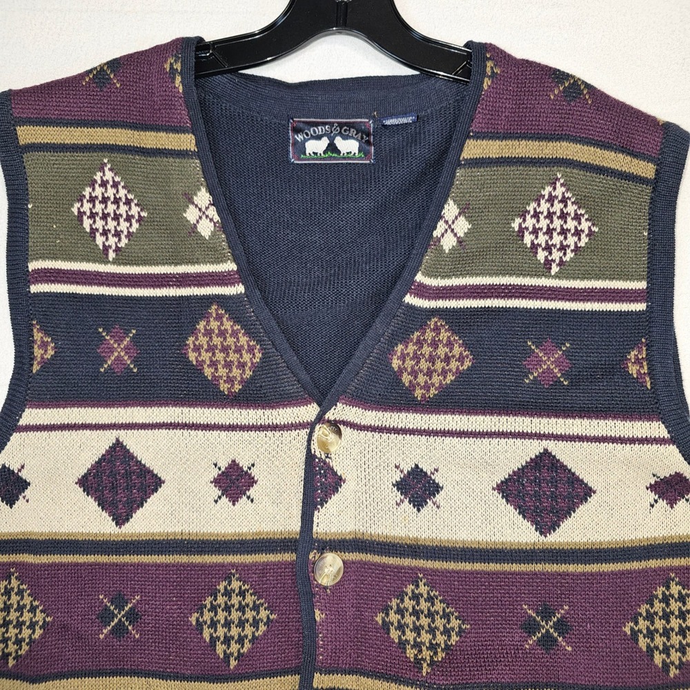 Vintage‎ Sweater Vest Men Blue Grandpacore Geometric Cotton Button Front Large